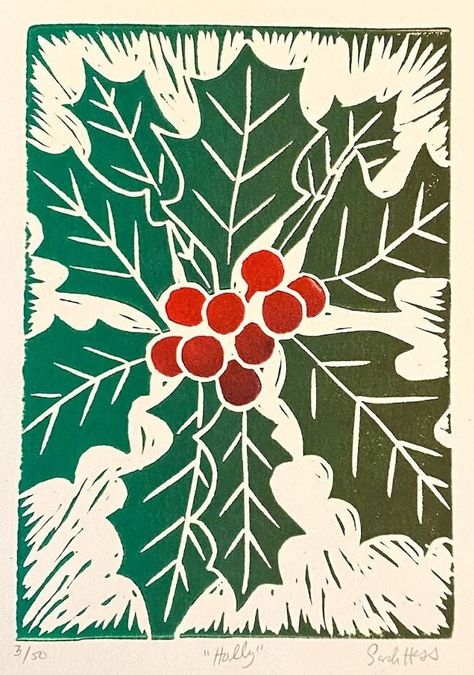 Holly is a handmade block print measuring 5"x7" it comes matted in a 8"x10" premium white mat. Add some festive color to your home for the holidays with this handmade Holly print!  This original artwork has been hand inked and pressed from a print block that I designed and carved. This print is signed and numbered and is one of 50 prints in this limited color edition. This multi-color block print artwork is printed on 100% cotton printmaking paper. Slight print and color variations may occur sin Simple Christmas Lino Print Ideas, Holiday Block Print, Christmas Linocut Prints, Holly Linocut, Christmas Block Printing, Christmas Linoprint, Linocut Prints Christmas, Christmas Block Print, Holiday Linocut