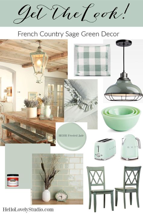 French Country Sage Green Decor - Get the Look on Hello Lovely Studio. #frenchcountry #homedecor #sagegreen Sage Green And Blue Kitchen Decor, Sage Green French Country Kitchen, Sage Kitchen Decor, Farmhouse Credenza, French Rustic Decor, Sage Green Decor, French Country Lighting, Country Interior Design, French Interior Design