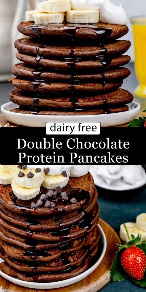 A stack of double chocolate protein pancakes are on a white plate and topped with fresh banana slices, dairy free whipped cream, and a drizzle of dairy free chocolate sauce. Fresh strawberries surround the plate. Protein Pancakes With Protein Powder, Pancakes With Protein Powder, Pancakes With Protein, Protein Dairy Free, Gluten Free Protein Pancakes, Vegan Protein Pancakes, Healthy Protein Breakfast, Best Vegan Protein Powder, Chocolate Protein Pancakes