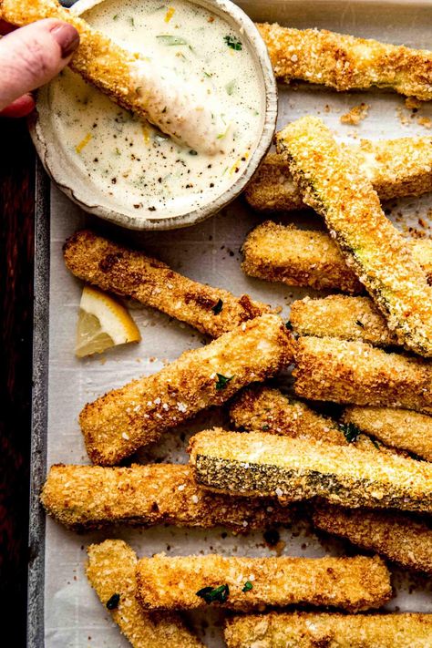 EASY Air Fryer Zucchini Fries (Extra Crispy!!!) - Platings + Pairings Tarragon Aioli, Air Fryer Zucchini Fries, Fries In The Air Fryer, Air Fryer Zucchini, Best Sides, Pork Meals, Fresh Meals, Weeknight Recipes, Dipping Sauces Recipes