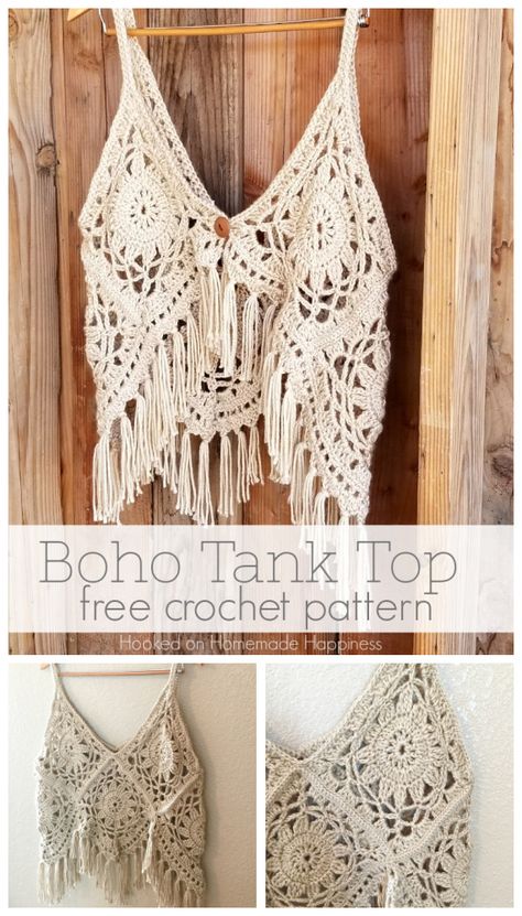 Crochet boho tank top. Crochet top. 10ply 169m/100g x 3. 4.5mm hook. Free download from hookedonhomemadehappiness.com. Saved to Evernote. Tank Top Crochet Pattern, Tank Top Crochet, Top Crochet Pattern, Irish Crochet Dress, Boho Tank Top, Stil Boho, Haken Baby, Crochet Diy, Crochet Motifs