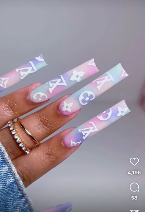 Gucci Nails Designs Louis Vuitton, Pink Lv Nails, Designer Acrylic Nails Lv, Louie Vuttion Nails, Ombre Nail Art Designs Summer, Mother’s Day Nail Designs, Designer Nails Dior, Dior Nails Acrylic, Designer Nails Louis Vuitton