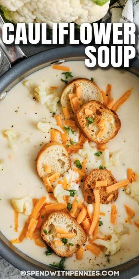 Make a low carb version of our cauliflower soup easily—just leave out the potato. This healthy soup can be curried, vegetarian, or customized as a loaded version with keto ham and cheese. #spendwithpennies #cauliflowersoup #soup #recipe #creamof #healthy #creamy #cheesy #easy #potato #instantpot Cream Of Califlour Soup Recipes, Cauliflower Instant Pot Recipes, Cauliflower Soup Recipes Crockpot, Cauliflower Soup Crockpot, Cream Of Cauliflower Soup Recipe, Instant Pot Cauliflower Soup, Cream Of Cauliflower Soup, Easy Cauliflower Soup, Cauliflower Cheese Soup