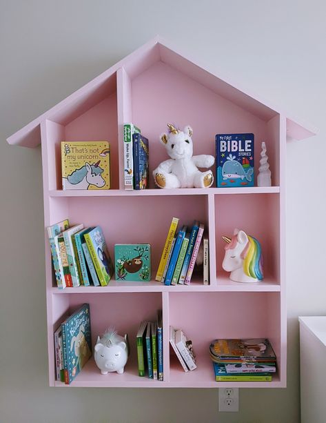 Kids bedroom wall mounted bookshelf Girls Bookshelf, Pink Bookshelves, Mounted Bookshelf, Kids Room Shelves, Dollhouse Bookcase, Wall Mounted Bookshelves, Kids Bedroom Walls, Girl Nursery Wall, Kids Bookcase