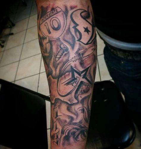 Texas collage tattoo idea Texas Arm Sleeve Tattoo, Screwston Texas Tattoos, Houston Tattoos Sleeve, Dallas Tattoo Ideas, Texas Made Tattoo, Texas Tattoo For Men, Texas Themed Tattoos, Texas Tattoo Ideas, Houston Texas Tattoos