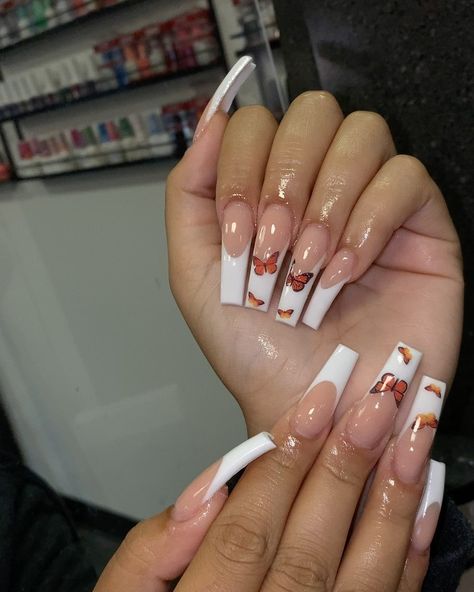 French Tips With Butterflies, Acrylic Nails French Tip, Acrylic Nails French, Black Chrome Nails, Nails French Tip, Long Almond, Tapered Square Nails, Purple Acrylic Nails, Milky Nails