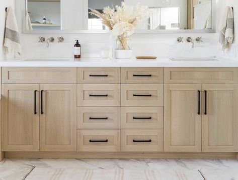 White Oak Primary Bathroom, Light Oak Vanity Bathroom, Tan Cabinets White Countertops, Neutral Laundry Room Ideas, White Bathroom Wood Vanity, Bathroom Shaker Cabinets, White Oak Bathroom Cabinets, Coastal Primary Bathroom, Natural Wood Vanity Bathroom