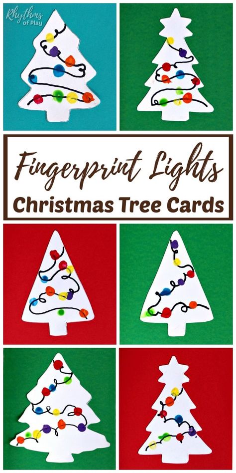 Fingerprint Christmas Lights Cards Craft - Make beautiful handmade cards to send to family and friends for the holidays this year. Homemade Christmas tree cards with lights are an easy fingerprint art Christmas craft and gift idea kids can make for parents and grandparents. #ChristmasCraft #ChristmasCards #FingerprintArt Diy Christmas Cards For Grandparents, Parent Christmas Cards From Kids, Christmas Card From Toddler, Christmas Card For Kids To Make, Kids Christmas Cards Handmade, Fingerprint Christmas Lights, Christmas Cards Handmade Kids, Fingerprint Christmas, Lights Christmas Tree