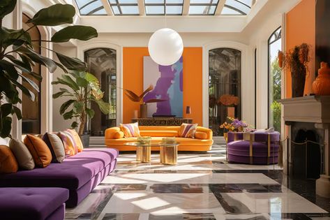 What Colors Do Purple and Orange Make? - Shades of Brown Purple And Orange Interior Design, Purple Orange Living Room, Purple Orange Aesthetic, Purple Interior Design, Funky Bedroom, Yellow Palette, Colour Themes, Vibrant Living Room, Purple Color Schemes