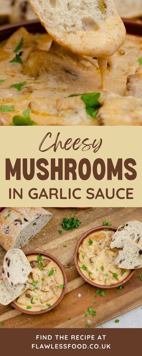 Cheesy Mushrooms in a Creamy Garlic Sauce, the perfect starter for an anniversary, birthday, or romantic meal. Mushrooms sauteed in butter before adding wine, garlic, cream and stock. To create a delightfully creamy sauce. If you love mushrooms, you are going to love this sauce! Can also be used as a pasta sauce, or a perfect sauce to pour over steak or chicken. Garlic Sauce For Steak, Steak And Mushroom Pie, Mushrooms Sauteed, Carrot And Coriander Soup, Cheesy Pasta Bake, Creamy Garlic Mushrooms, Mushroom Cream Sauces, Creamy Garlic Sauce, Cheese Sauce Recipe