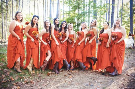 20 Eye-Catching Orange Bridesmaid Dress Ideas For Fall Weddings Burnt Orange Bridesmaid, Tangerine Bridesmaid Dresses, Fall Wedding Trends, Country Bridesmaid Dresses, Burnt Orange Bridesmaid Dresses, Fall Wedding Bridesmaids, Silver Bridesmaid Dresses, Orange Bridesmaid, Dresses With Cowboy Boots