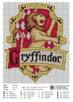 The World In Stitches — Gryffindor House Crest cross stitch chart, the... Gryffindor House Crest, Harry Potter Cross Stitch Pattern, Cross Stitch Harry Potter, Harry Potter Crochet, Gryffindor House, Gryffindor Crest, Hogwarts Crest, Disney Cross Stitch, Pola Kristik