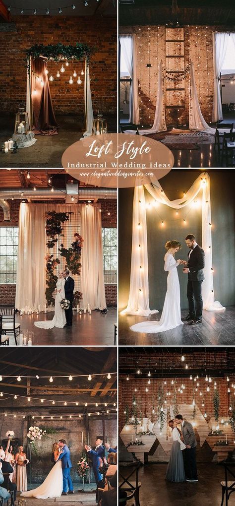 Wedding Ceremony Backdrops, Wedding Ceremony Backdrop Diy, Industrial Wedding Ceremony, Romantic Lights, Wedding Backdrop Lights, Industrial Wedding Decor, Industrial Lights, Industrial Chic Wedding, Lights Decoration