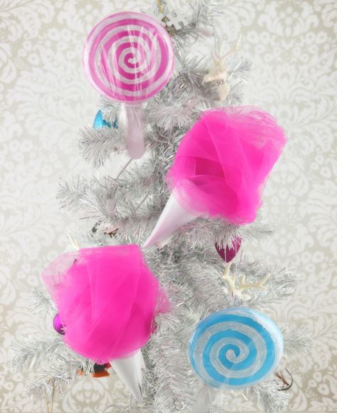 cotton candy DIY Candy Room Decor, Candy Ornaments Diy, Cotton Candy Room, Cotton Candy Ornaments, Diy Cotton Candy, Paper Mache Cone, Christmas Parade Floats, Candy Decorations Diy, Candy Room