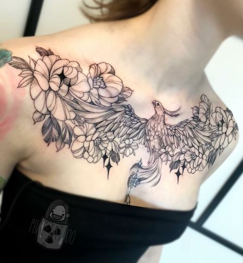 12+ Amazing PHOENIX TATTOO DESIGNS & Their MEANINGs - updated 2023 14 Japanese Chest Tattoo Female, Back Phoenix Tattoo Women, Phoenix Tattoo Chest Woman, Orchid Chest Tattoo, Pheonix Tattoo For Women On Chest, Floral Phoenix Tattoo, Fire Chest Tattoo, Phoenix Sternum Tattoo Women, Phoenix Chest Tattoo Female