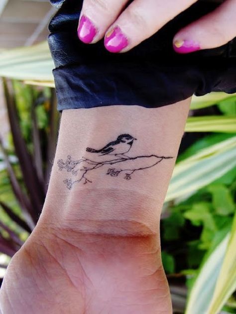 Bird Tattoo Sitting on a Branch Ideas Bird Branch Tattoo, Small Nature Tattoo, Small Bird Tattoos, Little Bird Tattoos, Bird Tattoo Meaning, Bird Tattoos For Women, Vogel Tattoo, Bird Tattoo Wrist, Sparrow Tattoo