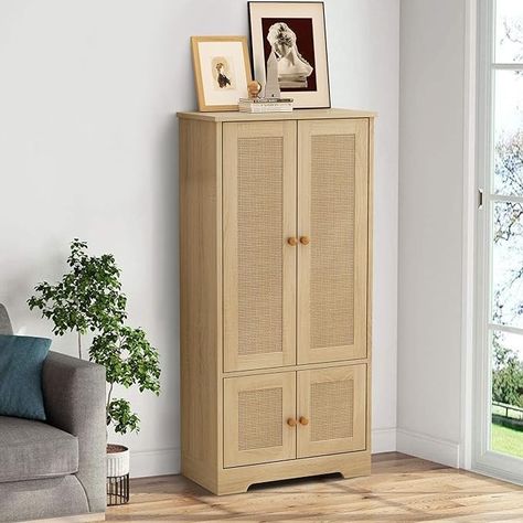 Amazon.com: GODPAW Rattan Cabinet,4-Door Rattan Decor Storage Cabinet,47.44" H Tall Sideboard Storage Cabinet, Freestanding Narrow Crafted Rattan Cabinet, for Bedroom, Living Room, Easy Assembly : Home & Kitchen Cabinet Freestanding, Rattan Decor, Cabinet For Bedroom, Rattan Cabinet, Tall Sideboard, Indian Hills, Sideboard Storage Cabinet, Decor Storage, Secretary Desks