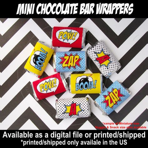 Superhero Chocolate Bar Wrappers - Candy Bar Wrappers - Superhero Party Favors - Comic Book Candy Wrappers - Digital & Printed Wedding Party Favors Diy, Diy Chocolate Bars, Superhero Favors, Superhero Party Favors, Chocolate Candy Bars, Comic Book Wedding, Goodies Bag, Batman Party, Chocolate Bar Wrappers