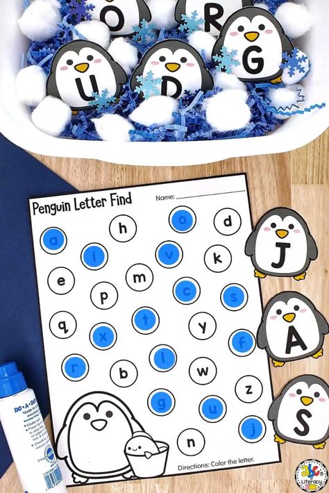 Penguin Learning Activities Preschool, Snow Literacy Activities Preschool, Penguin Centers Preschool, Penguin Prek Activities, Penguin Literacy Activities Preschool, Penguin Prek Craft, Arctic Animal Theme Preschool, Literacy Winter Activities Preschool, Snow Day Preschool Activities