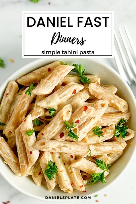 Doing the Daniel Fast? This Tahini Pasta recipe is simple, fast, comforting, loaded with flavor, and delish! It's also vegan, oil-free, and with a gluten-free option. While I made this with penne, tahini spaghetti is fantastic! Check out this and other Daniel Fast recipes here... Daniel Fast Tortillas, Daniel Fast Breakfast Recipes, Simple Daniel Fast Meals, Daniel Fast Sauces, Daniel Fast Spaghetti, Daniel Fast Protein, Daniel’s Fast Recipes, Daniel Fast Pasta Recipes, Daniel Fast Meal Ideas