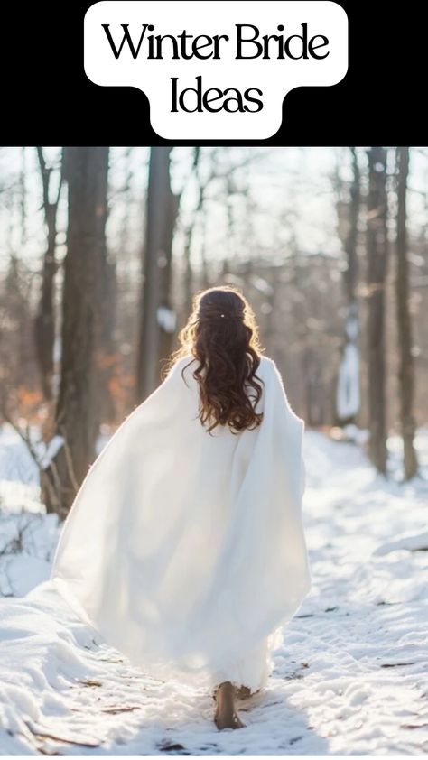 A winter bride wearing a bridal cape with her groom, surrounded by snow, showcasing cozy yet stylish wedding attire. Winter Wedding Modern, Winter Wedding Bride Shoes, Winter Mountain Wedding Dress, Hen Do Outfit Ideas, Winter Bride Dress, Winter Wedding Dress Coverups, Winter Elopement Dress, Bride Dress Ideas, Elegant Nail Ideas