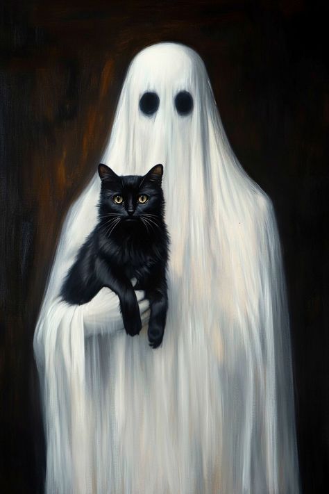 If you have any questions about the poster or need assistance, let me know! Black Cat Ghost, Ghost Drinking Coffee Painting, Poster Halloween, Paint Ghost On Old Painting, Victorian Ghost Painting, Witch With Ghost Cats, Whimsical Halloween, Ghost Cat, Halloween Wall Art