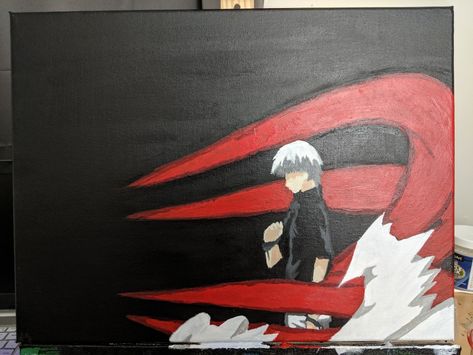 Acrylic painting of Kaneki from Tokyo ghoul Tokyo Ghoul Drawing Easy, Tokyo Ghoul Painting Easy, Tokyo Ghoul Painting, Anime Paintings Canvases, Kakashi Canvas Painting, Drawing Tokyo Ghoul, Itachi Acrylic Painting, Naruto Acrylic Painting, Hair Tie Tutorial