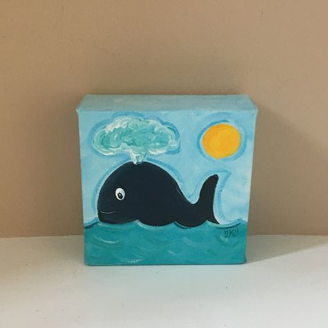 Simple Whale Painting, Cute Whale Painting, Acrylic Painting Whale, Whale Canvas Painting Easy, Miniature Acrylic Painting Mini Canvas, Cute Easy Paintings, Nursery Art Boy, Painting Canvases, Art Worksheets