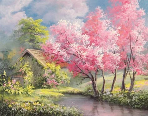 Kevin Hill Paintings, Cute Pastel Aesthetic, Cool Screensavers, Hill Painting, Coloring By Numbers, Spring Drawing, Forest Drawing, Horizontal Painting, Cherry Blossom Painting