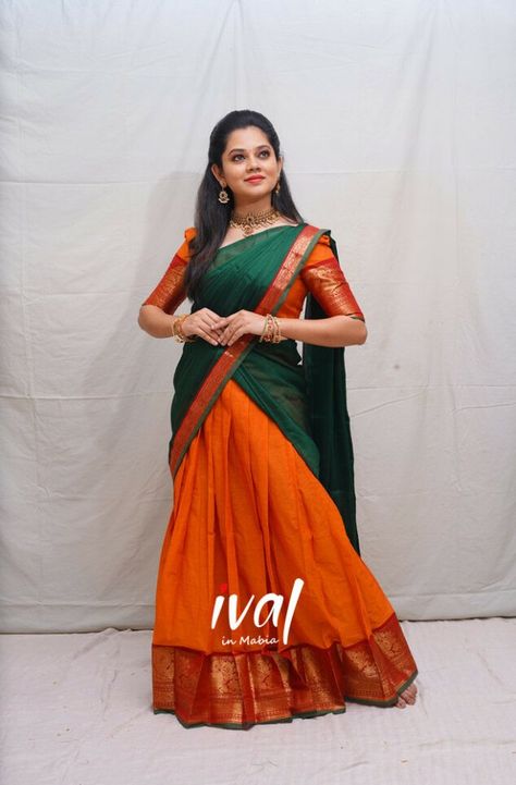 Orange And Dark Green, Saree Orange, Half Sarees, Half Saree Designs, Organza Sarees, Orange Skirt, Silk Cotton Sarees, Ethnic Outfits, Skirt And Blouse