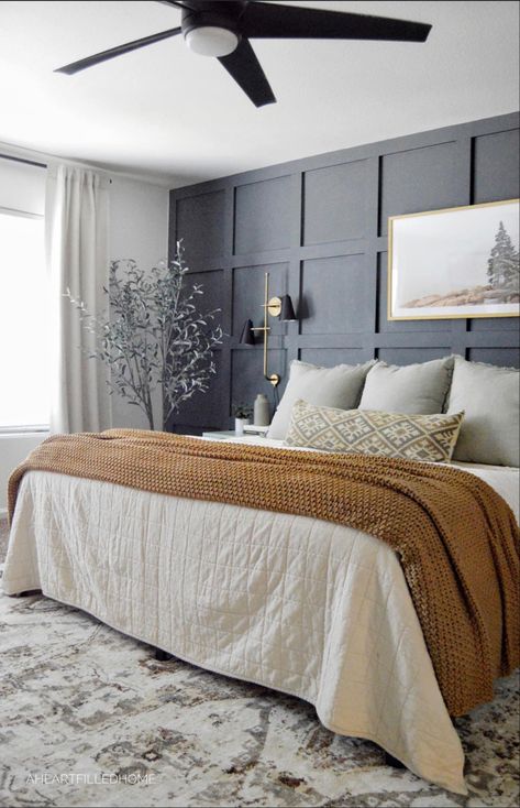 Board And Batten Wall, Fall Bedroom, Accent Wall Bedroom, Bedroom Black, Bedroom Color Schemes, Board And Batten, Master Bedrooms Decor, Remodel Bedroom, Teen Bedroom