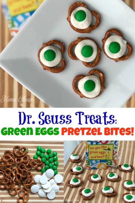 Green Eggs And Ham Treats, Dr Seuss Snacks For Kids, Dr Suess Snack Ideas, Dr Seuss Treats For School, Dr Seuss Snacks For School, Dr Seuss Centerpieces, Dr Suess Snacks, Pretzel Flowers, Dr Seuss Treats