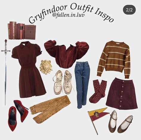 Gryfinndor Outfit, Gryffindor Wardrobe, Hogwarts Outfits Gryffindor, Gryffindor Aesthetic Outfit, Harry Potter Outfits Aesthetic, Gryffindor Clothes, Gryffindor Style, Gryffindor Inspired Outfits, Hp Outfits