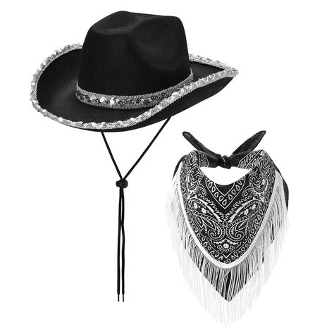 PRICES MAY VARY. 【Material】--The 2pcs cowgirl hat & bandana set for women are made from high quality non-woven cloth. The cowboy hat is soft and skin-friendly, lightweight and comfortable for all-day wear. 【Size】--One size fits most women and teen girls. The wide brim of the glitter cowgirl hat can cover your face and neck, prevent sunburn, and bring you shade. 【Design】--Bright color and fashion style. You’ll look more charming while putting the shiny sequin cowboy hat on and get lots of complim Glitter Cowgirl Hat, Boujee Cowgirl, Sparkle Cowgirl, Glitter Cowgirl, Disco Cowboy, Cowboy Bandana, Cowboy Accessories, Rhinestone Cowboy, Black Cowboy Hat