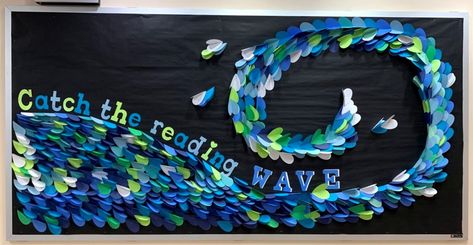 Water Theme Board Decoration, Ocean Display Classroom, Classroom Door Sea Theme, Under The Sea Library Bulletin Board, Deep Sea Classroom Theme, Ocean Library Bulletin Board, Dolphin Bulletin Board Ideas, Ocean Theme School Hallway, Dive Into A Good Book Bulletin Board