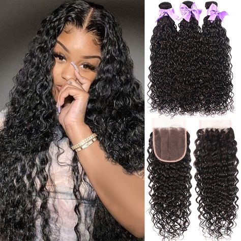 PRICES MAY VARY. 🎀Hair Material:The Hair of Unprocessed Virgin Brazilian Human Hair Water Wave Bundles With Closure is 100% Human Hair Cut From Young Donor.So the Water Wave Hair is Healthy,Soft,Shiny 🎀Hair Quality:Clean,Shiny,Soft,Smooth,Can Be Dyed,Bleached,Permed,Restyled As You Want 🎀Hair Bundles:4 Bundles Water Wave Hair,Double Machine Weft,No Shedding,No Tangle,100g Per Bundle,So THE LONGER,THE THINNER 🎀Lace Closure:Medium Brown Swiss Lace,4inchx4inch Free Part,30g-40g Per Piece 🎀Full Wet And Wavy Hair, Hair Water, Brazilian Hair Bundles, 100 Human Hair Extensions, Bundles With Closure, Curly Waves, Deep Curly, Bleached Hair, Hair Quality