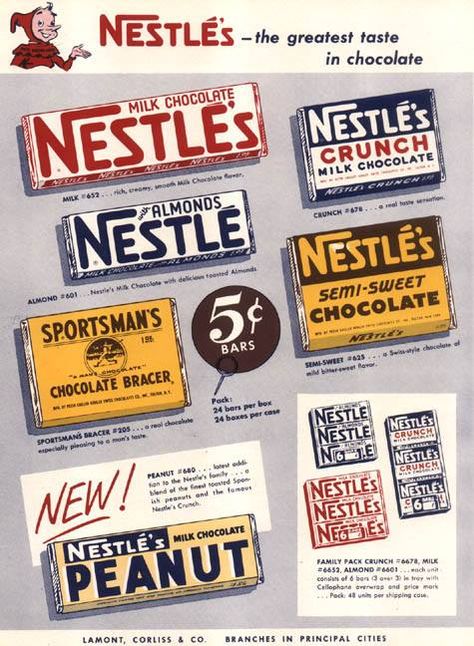 Vintage Nestle chocolate packaging — note how the logo today isn't that much different than this version and how they kept the red and white color motif. That said this original packaging had a charm that the current version lacks. Nestle Milk, Old School Candy, Milka Chocolate, Nestle Chocolate, Nestle Crunch, History Of Chocolate, Vintage Sweets, Almond Crunch, Old Candy