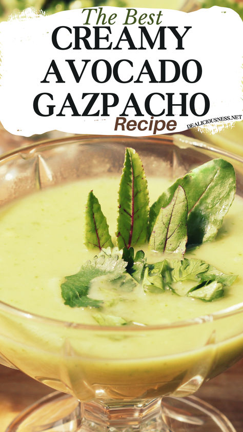 This easy Avocado Gazpacho recipe combines ripe avocados, crisp cucumbers, and juicy tomatoes blended into a smooth, refreshing cold soup, with a hint of garlic, onion, and lime juice to enhance the flavors. The avocado adds creaminess and heart-healthy fats, cucumbers provide hydration and a fresh crunch, while tomatoes offer a tangy sweetness and are rich in antioxidants. Lime juice adds a zesty brightness, rounding out the flavors. Watermelon Gazpacho Recipe, Cold Cucumber Soup, Chilled Soup Recipes, Cucumber Gazpacho, Cold Soup Recipes, Cucumber Soup, Gazpacho Soup, Avocado Soup, Gazpacho Recipe