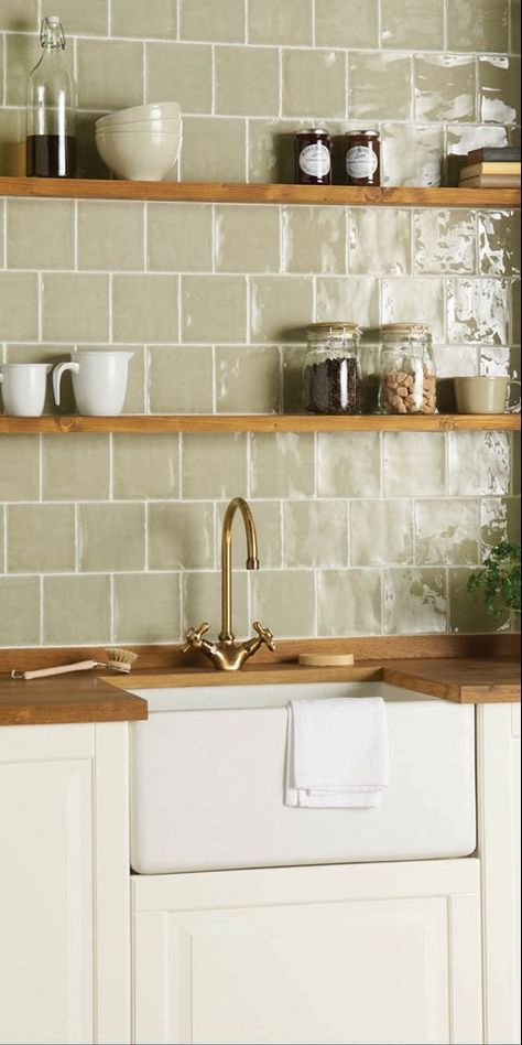 French Tile Kitchen, Kitchen Tiles Inspiration, Kitchen With White Fridge, Sage Tile Backsplash, Kitchen Design Natural Wood Cabinets, Patterned Kitchen Tiles Backsplash Ideas, Apartment Friendly Accent Wall, Tan Tile Kitchen, Vintage Backsplash