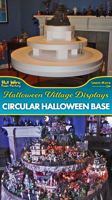 a custom multi level display base for a halloween village made out of foam and cut into a circle Lemax Spooky Town Display, Spookytown Display, Lemax Halloween Village, Degree Display, Lemax Halloween, Department 56 Halloween, Halloween Village Display, Foam Factory, At At Walker