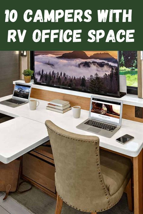 RV office area Office Trailer Remodel, Rv With Office Space, Camper Office Ideas, Rv Workspace, Rv Office Space Ideas, Rv Office Space, Rv Table Ideas, Camper Office, Caravan Office