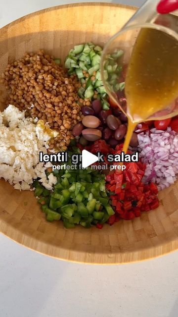 Jordana Hart on Instagram: "Lentil greek salad 🥗 

👉🏻 Save for the easiest lunch!

This lentil greek salad is perfect for meal prep and tastes even better the next day. I like to enjoy this as a snack or I’ll add a cup or so over lettuce for lunch and a couple hard boiled eggs or grilled chicken for extra protein. Feel free to sub canned chickpeas for the lentils! This is packed with flavor, nutrients & fiber! ENJOY!

RECIPE:

• 1 can lentils or 1.5 cups, rinsed & drained
• 4 baby cucumbers, finely chopped 
• 1 pint cherry tomatoes, chopped
• 1 green pepper, chopped
• ½ cup kalamata olives
• ½ cup roasted red peppers, chopped
• ½ cup red onion, chopped
• 1/4 cup chopped parsley or dill ( optional) 
• ½ cup feta, crumbled

Dressing:
• ¼ cup olive oil
• 2 tbsp red wine vinegar 
• 1 tbsp b Lentil Salad Meal Prep, Gf Lunch, Lentil Salad Recipes, Canned Lentils, Healthy Low Calorie Meals, Extra Protein, Salad Meal Prep, 4 Baby, Lentil Salad