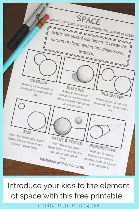 The element of space is a pretty special one.  It's the secret ingredient that makes art go from outlines to realistic. Here are some ways to create depth. Element Of Art Space Worksheet, Space Art Element Projects, Space In Art Element, Teaching Space In Art, Space In Art Element Of, Space Art Element, Space Element Of Art, Element Of Art Space, Element Of Space