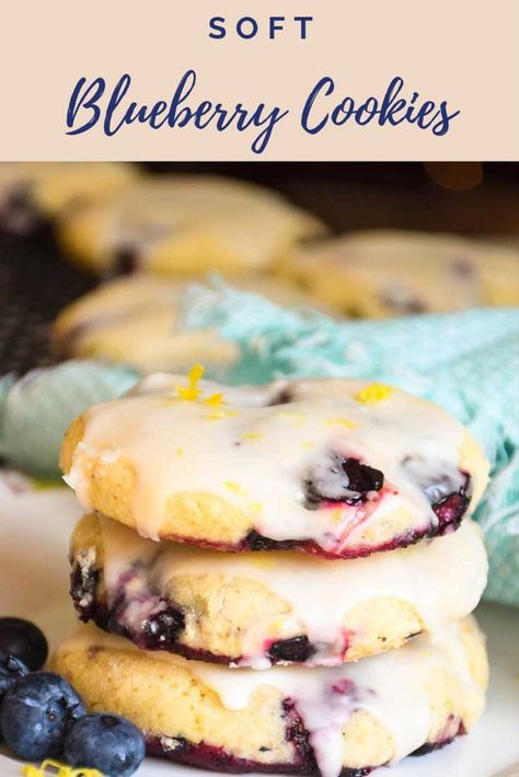 Blueberry Cookies Recipes, Lemon Blueberry Cookies, Cookies With Lemon, Blueberry Cookies, Blueberry Desserts, Lemon Glaze, Summer Cookies, Soft Sugar Cookies, Blueberry Recipes