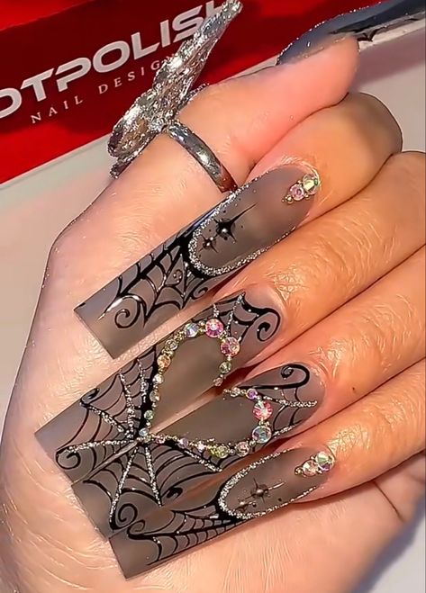 Spider Nails With Rhinestones, Glitter Web Nails, Fishnet Nail Design, Fishnet Nails, Spiderweb Nails, Spider Web Nails, Web Nails, Cute Spider, October Nails