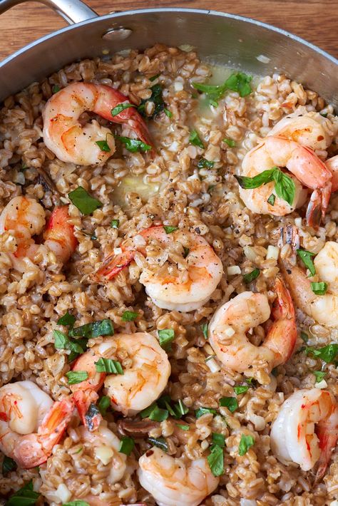 Garlic Basil Shrimp Farrotto | Kitchn Shrimp Farro, Basil Shrimp, Farro Recipes, Coconut Curry Shrimp, Diet Dinner Recipes, Shrimp Dinner, Veggie Stir Fry, Garlic Shrimp, Mediterranean Dishes