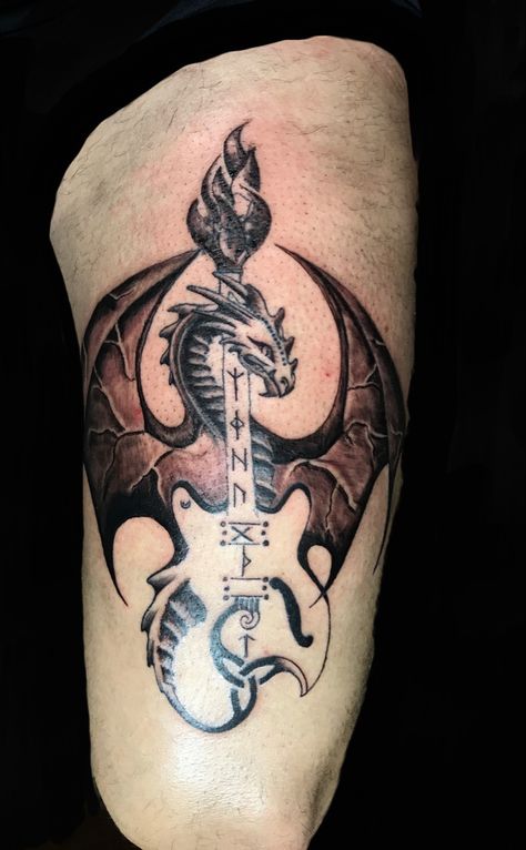 Hagstrom Viking Baritone Guitar with Dragon Dragon Music Tattoo, Bass Guitar Art, Squad Art, Guitar Sketch, Viking Books, Baritone Guitar, Bike Tattoos, Scar Tattoo, Piercing Inspo