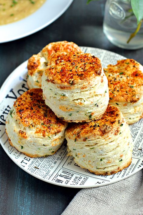 Close-up image of chive and cotija cheese biscuits. Onion Chive Biscuits, Cheese Tea Biscuits, Cheese Chive Biscuits, Cheese And Chive Scones Recipe, Cheddar Chive Biscuits, Cotija Cheese Recipes, Cotija Cheese, Cheese Biscuits, Bread Dough