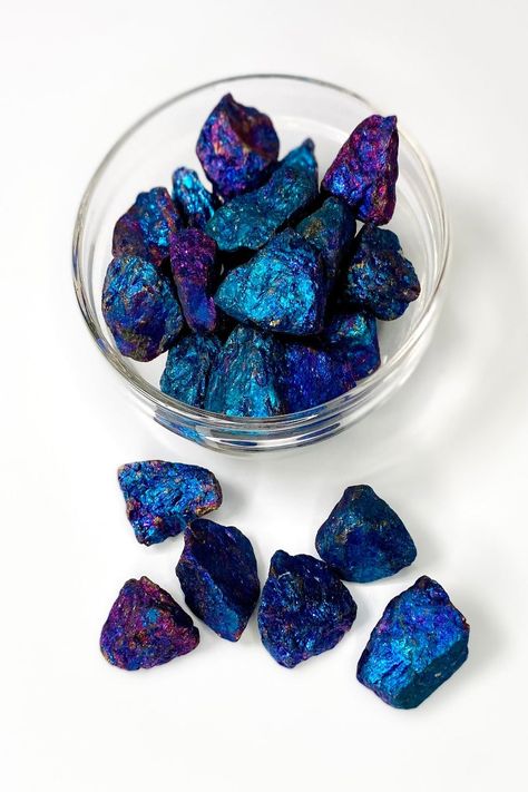 Peacock Ore is oxidized form of Bornite or Chalcopyrite. Bornite Peacock Ore tends to show more blue/purple, while natural Chalcopyrite Peacock Ore is more likely to show pink and green. Peacock is a stone of happiness and joy! It can help turn you in positive directions and help channel happiness to others. It is able to bring the ability for you to see and appreciate the joy available in every moment.It is said to be one of the most powerful stones when used in conjunction with chakra healing. High Geologist, Minerals Aesthetic, Starfall Game, Peacock Ore Crystal, Magician Archetype, Supplements Packaging, Peacock Ore, Crystal Tattoo, Purple Peacock