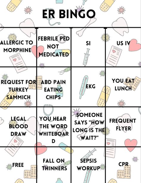 Nurse Bingo, Er Nurses Week, 12 Hour Shift, Ed Nurse, Nursing Board, Emergency Room Nurse, Staff Development, New Braunfels Texas, Emergency Nursing